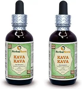 Kava Kava (Piper Methysticum) Glycerite, Dried Root Alcohol-Free Liquid Extract (Brand Name: HerbalTerra, Proudly Made in USA) 2x2 fl.oz (2x60 ml)