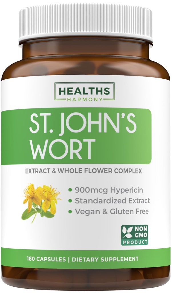 Sint-Janskruidcapsules - Krachtig en krachtig Sint-Janskruidextract en heel kruidencomplex Gestandaardiseerd tot 900 mcg Hypericine voor Balancing Daily Mood Support - Veganant Non-GMO & Lab Verified (180 Caps)