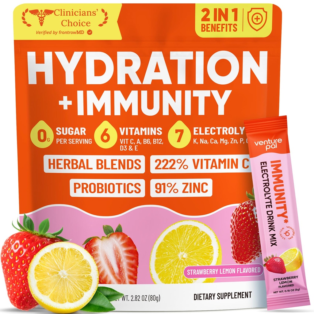 Venture Pal 2-in-1 Hydration + Immune Electrolytes Powder Packets with 7 Electrolytes & 6 Vitamins, Elderberry, Turmeric, Echinacea | Liquid Daily IV Drink Mix | Sugar Free | Keto Friendly, 16 Sticks