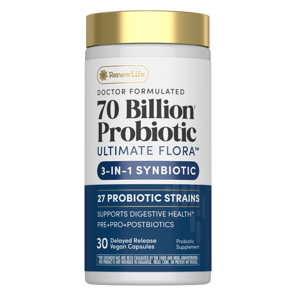Renew Life Ultimate Flora Probiotic with Prebiotic | 70 Billion CFU | 27 Strains | 30 Delayed Release Vegan Capsules | 3-1 Synbiotic | Dairy, Soy and Gluten Free