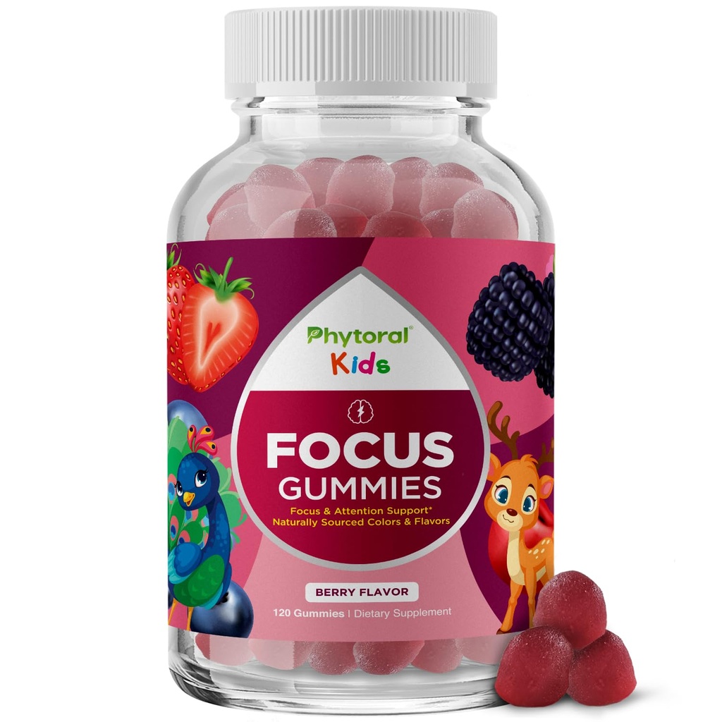 Phytoral Vegan Kids Focus Gummies - Potent Chewable Brain Support for Children - Enhances Concentration & Memory - Calming Supplements & Focus Gummies for Kids - Non-GMO & Gluten-Free - 120 Count