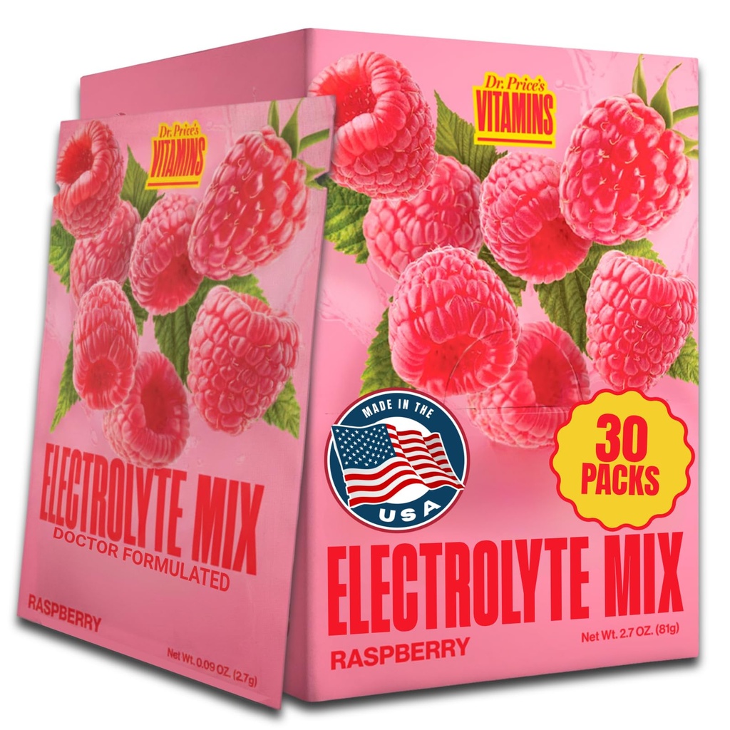 Dr. Price’s Electrolytes Hydration Powder Packets – Raspberry, 30 Packs | Sugar Free Electrolyte Drink Mix, 72+ Trace Minerals, Manganese | Keto Electrolytes, Vegan, Doctor-Formulated, Made in USA