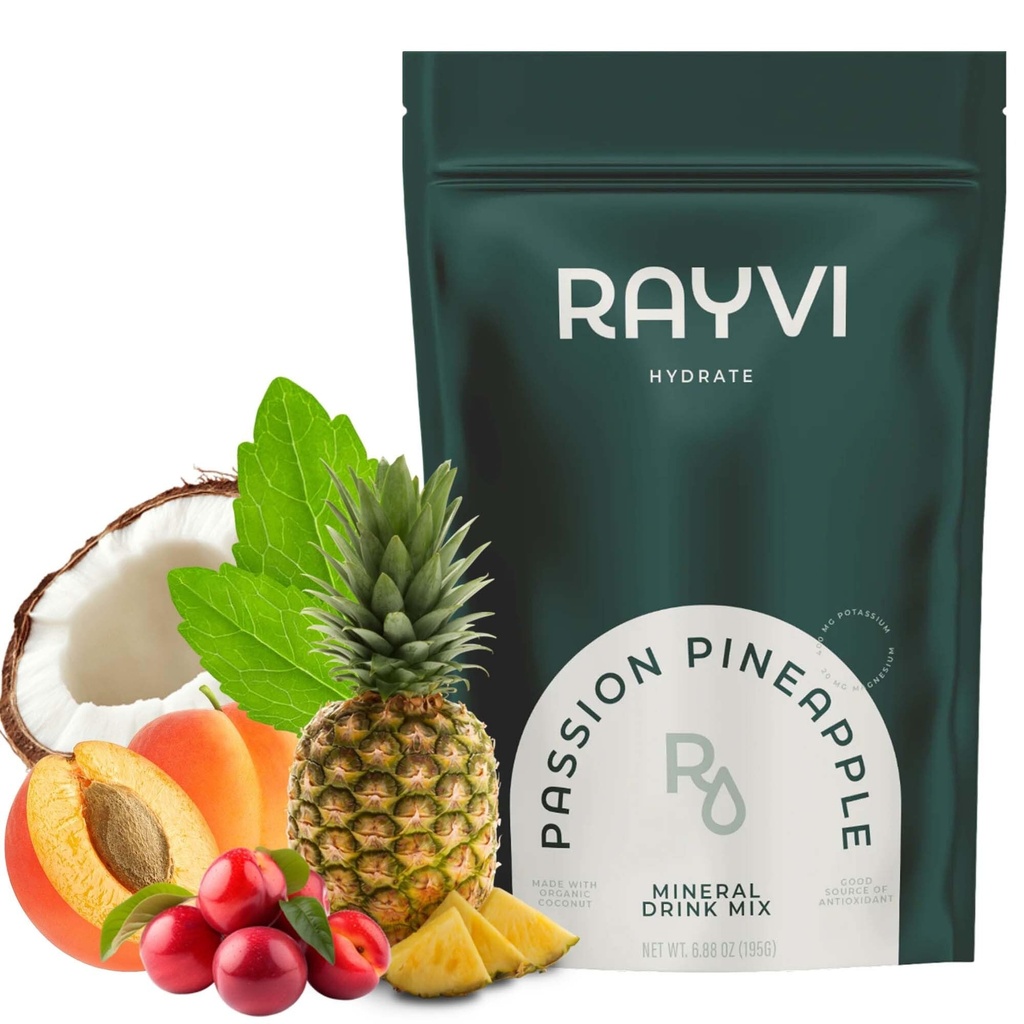 Rayvi Zero Sugar Electrolytes Powder + Minerals Hydration Powder | 1 Pack (30 Servings), Vegan, Zero Sugar Electrolytes and Artificial Additives | Hydration Drink Supplement | Passion Pineapple Flavor