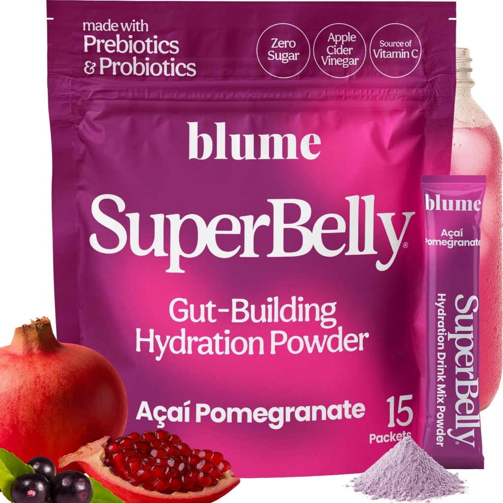 Blume SuperBelly Gut Health + Hydration, Daily Sugar Free Probiotics, Prebiotic Fiber, and Electrolytes Powder Packets for Digestion Support, Stacked Water - Açai Pomegranate, 15 Sticks