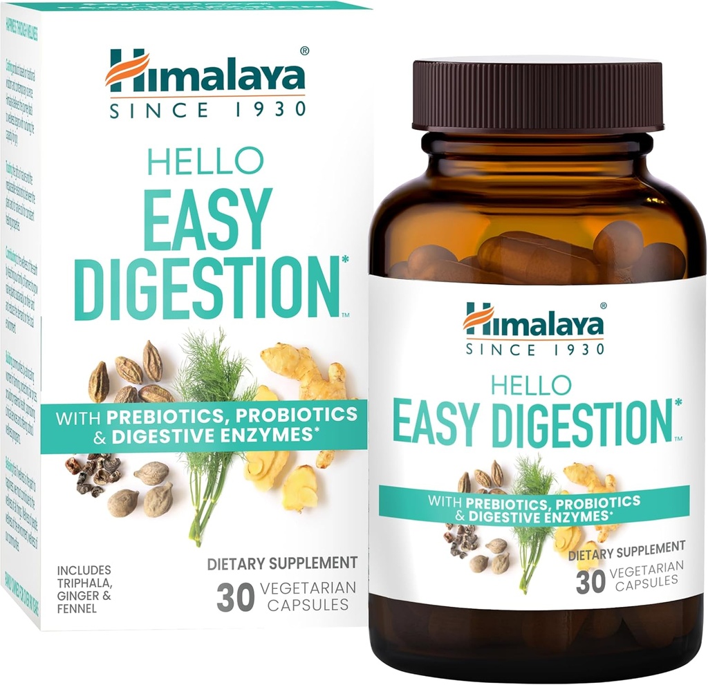 Himalaya Hello Easy Digestion, Digestive Enzymes with 2 Billion CFU Probiotics and Prebiotics, Plus 100 mg Herbal Digestive Support with Ginger, Fennel & Triphala, 30 Vegetarian Capsules