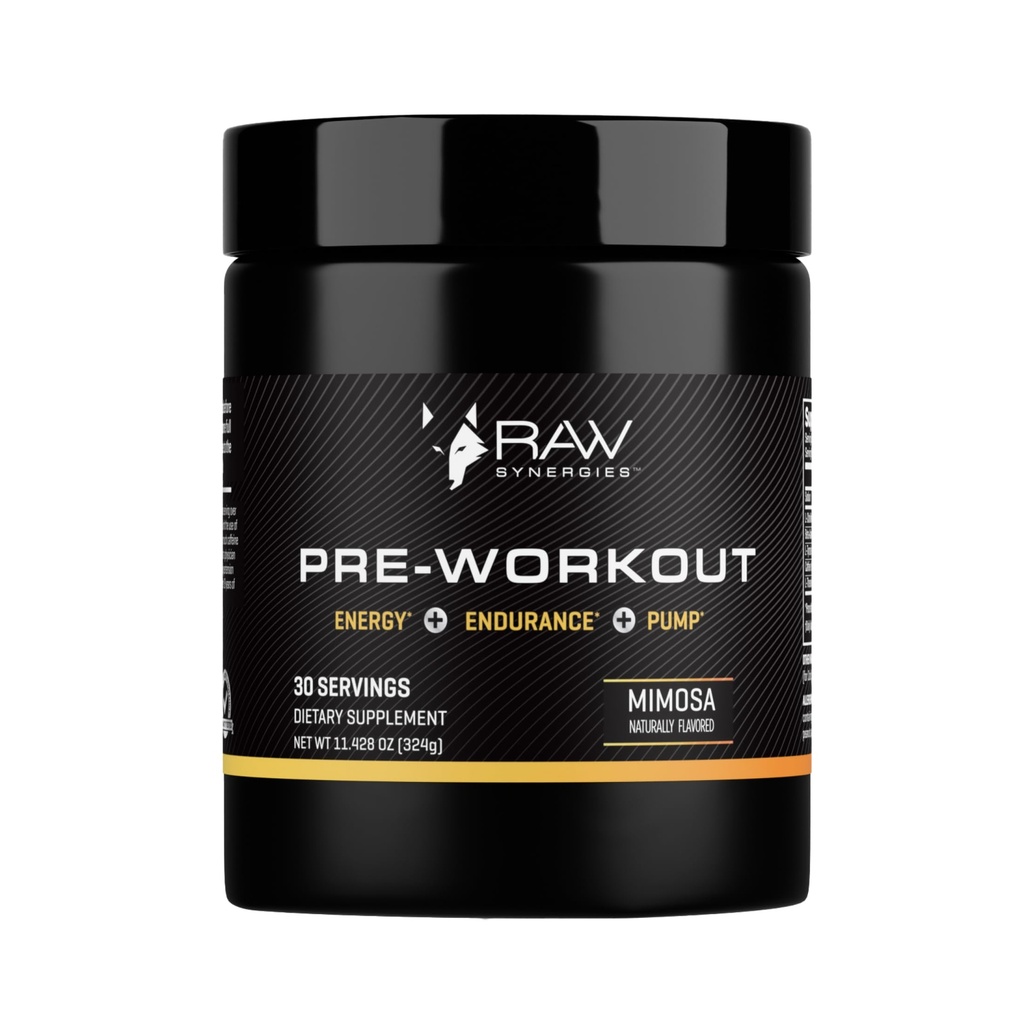 RAW Synergies Pre-Workout - Sustained Energy & Endurance Support - Naturally Sourced Caffeine, L-Theanine, Citrulline & Beta-Alanine - Boost Focus, Pumps & Performance - Mimosa Flavor - 30 Servings