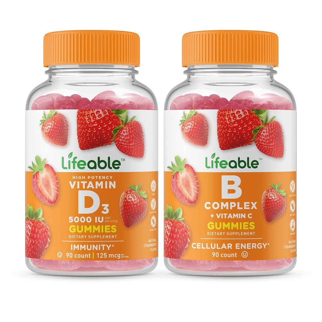 Levensvatbare vitamine D 5000 IE + B Complex, Gummies Bundle - Grote Proeverij, Vitaminesupplement, Glutenvrij, GGO-vrij, Kauwgom