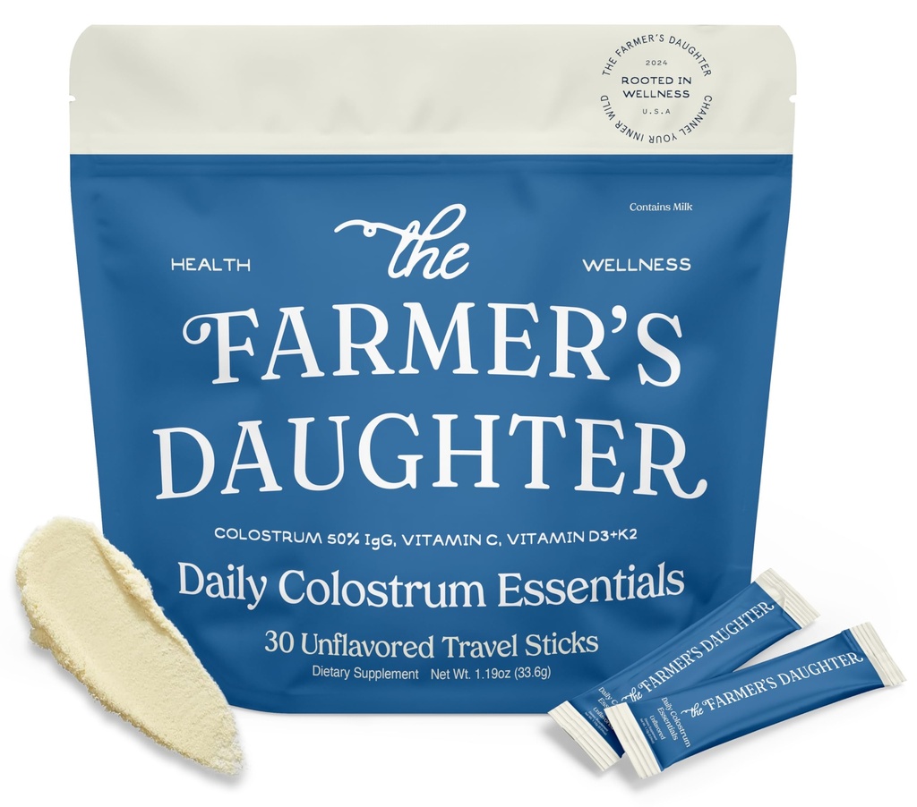 THE FARMER'S DAUGHTER Colostrum Powder | Unflavored | Gut Health & Bloating | Hair, Skin & Nails | Immunity Supplement | 30 Individual Travel Stick Packs