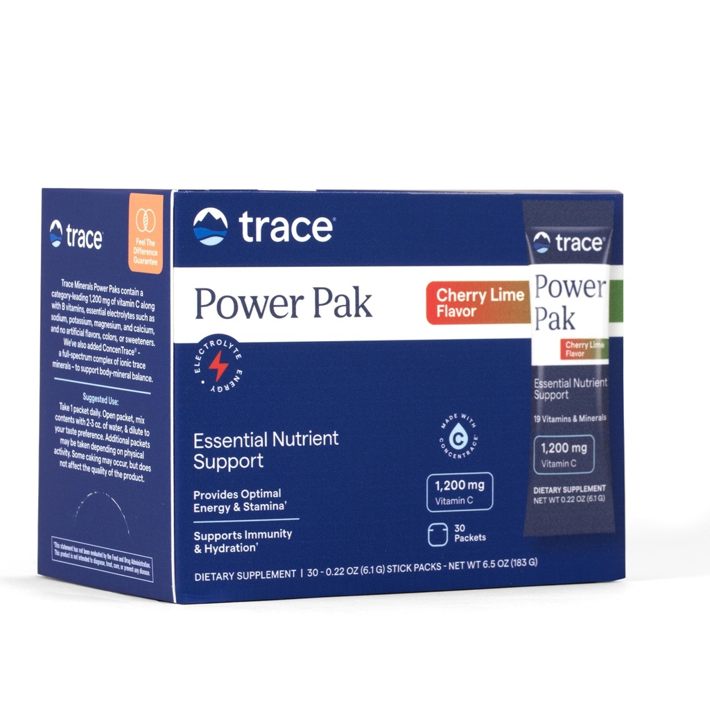 Trace Minerals Power Pak - Multivitamine Packets for Essential Nutriënt Support - Hydration, Immunity & Energy - Natural Vitamines & Minerals - Cherry Lime - 30 Tellen (30 Servers)