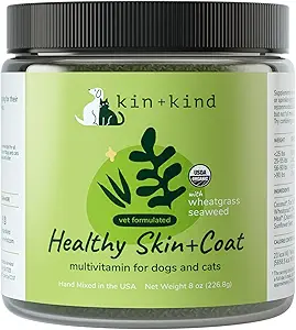 kin+kind Biologische Multivitamine voor honden en katten - Pet Supplement voor gezonde huid en jas - Veilig, natuurlijke formule met Tarwegras, Kelp, Zeewier en Kokosnoot - Made in USA - 8 oz (Large)