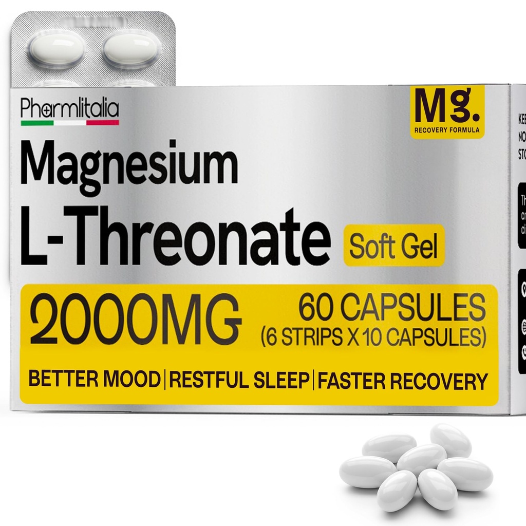 Magnesium L-Threonate Supplement 2000mg Soft Gels for Better Sleep - Brain Supplements for Memory and Focus - High Absorption Muscle and Brain Support - Stress Relief - 60 Count