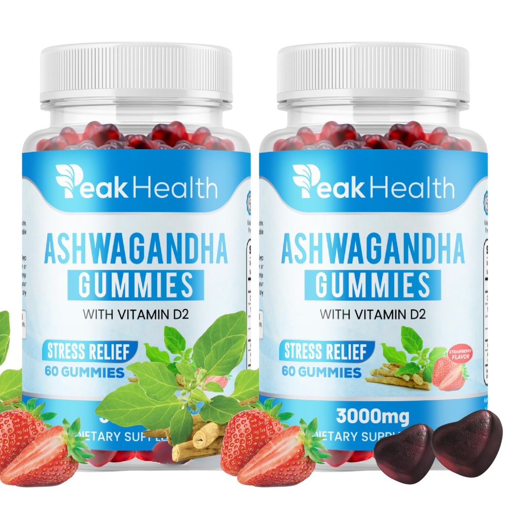 Ashwagandha Gummies with Vitamin D2 - Vegan Stress Relief & Relaxation Support, Mixed Berry Flavor, Plant Based Adaptogen Supplement for Calm & Balance, 300mg Ashwagandha Root,120 Gelatin Free Gummies