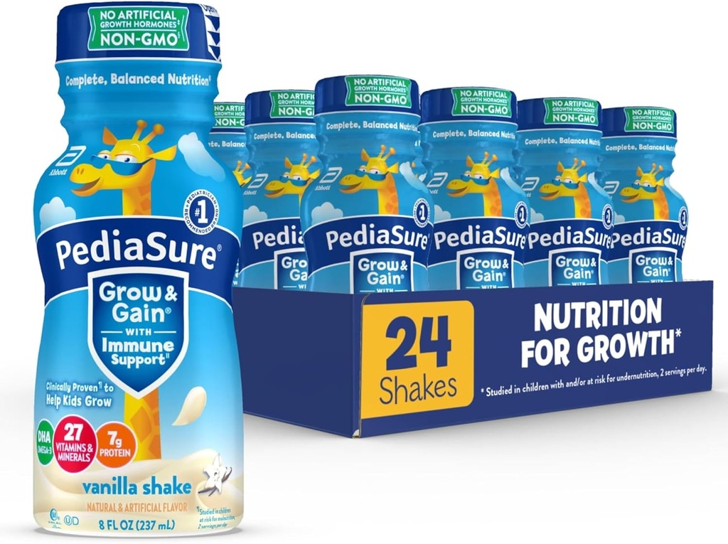PediaSure Grow & Gain with Immune Support, 27 Vitamins & Minerals for Kids, 7g Protein, Non-GMO, Gluten-Free, Vanilla, 8-fl-oz Bottle, Pack of 24