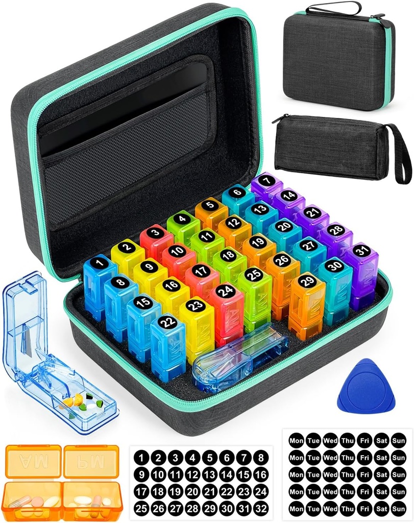 Monthly Pill Organizer 2 Times a Day, with Portable Hard Shell, Pill Cutter, 31-Day Box, Plastic Opening Pick, Monthly & Weekly Stickers, Convenient Medication Management (2 Times a Day)