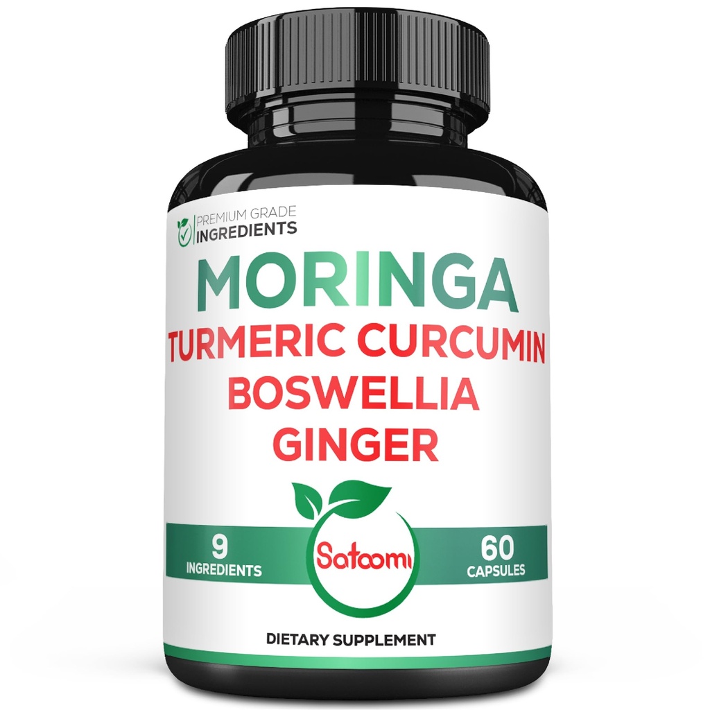 Satoomi 9in1 Moringa Capsules - Featuring Moringa, Turmeric, Boswellia, Ginger, Ashwagandha, Ceylon Cinnamon and Milk Thistle, and Resveratrol | Support Mood, Heart & Overall Health - 60 Count