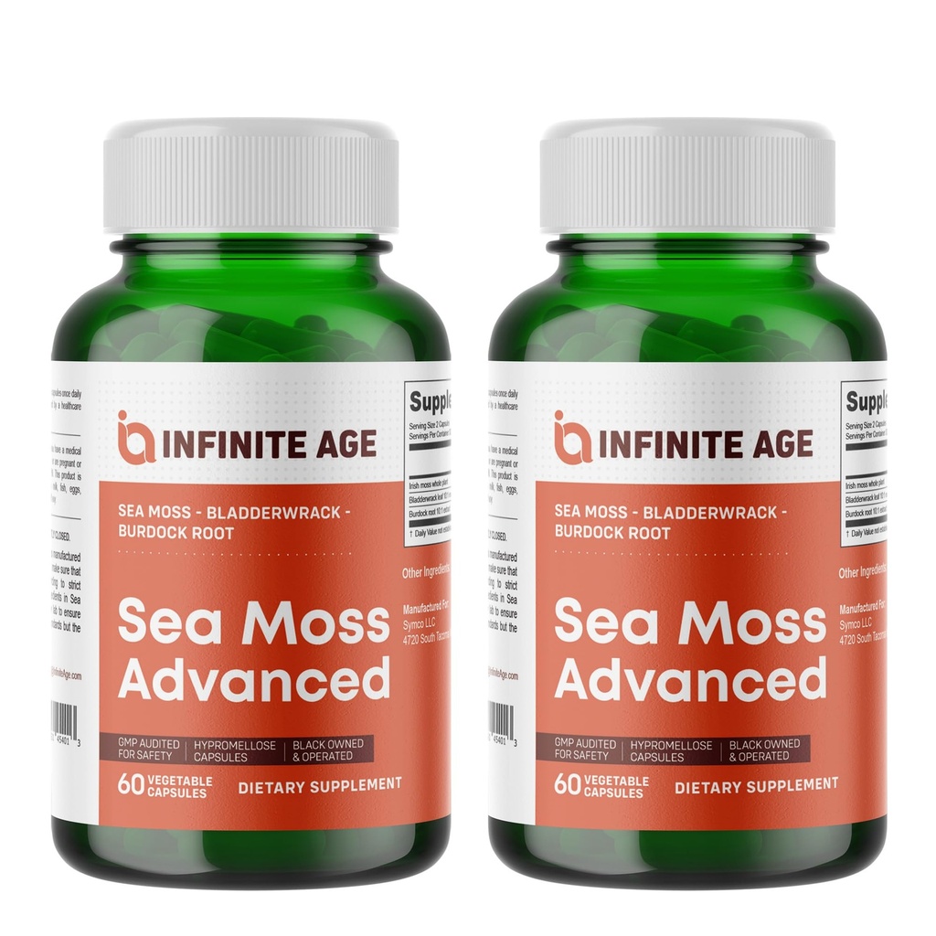 INFINITE AGE 2 Pack of 1250mg Sea Moss Advanced Superfood Capsules, 120 Count - High-Potency, Vegan, Made in The USA - Irish Seamoss, Bladderwrack, Burdock Root - Algehele gezondheid, Immunity Support