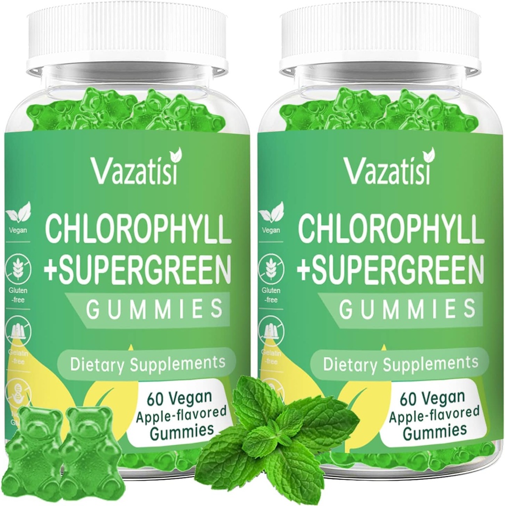 2 Pack Chlorofyl Gummies met biologische Supergreens, Natuurlijke Antioxidant, Energie Boost, Immune Support, Vertering, Huidverzorging, Vrouwen & Mannen, Volwassen & Kid - 120 Vegan Organic Gummies