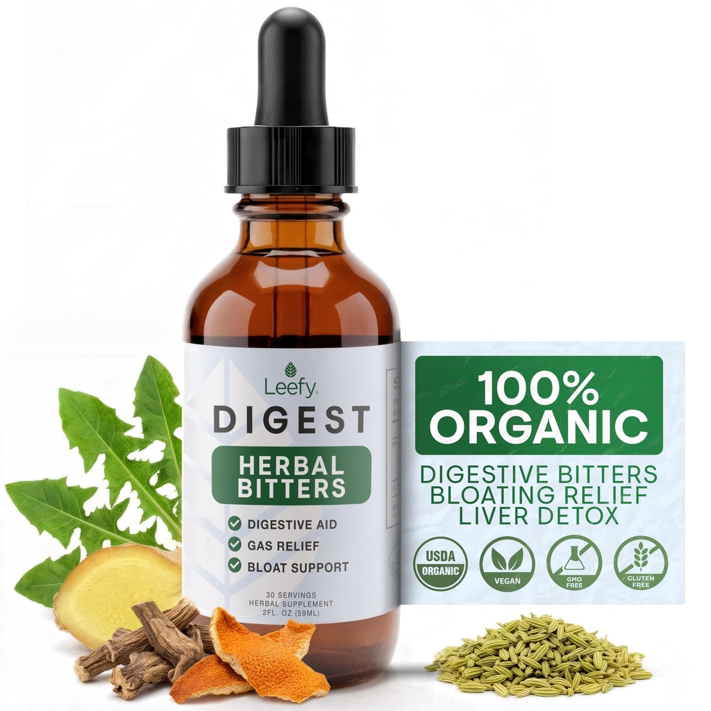 Leefy Organics Herbal Bitters for Digestion – Liquid Digestive Drops with Organic Gentian, Dandelion & Ginger for Bloating, Gut Health, Liver Support – Fast-Acting Sublingual Tincture – 30 Servings