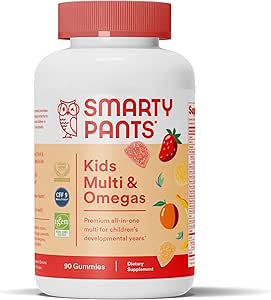 SmartyPants Kids Multivitamin Gummies: Omega 3 Fish Oil (EPA/DHA), Vitamin D3, C, Vitamin B12, B6, A, K & Zinc for Immune Support, Biotin, Gluten Free, Three Fruit Flavors, 90 Count (22 Day Supply)