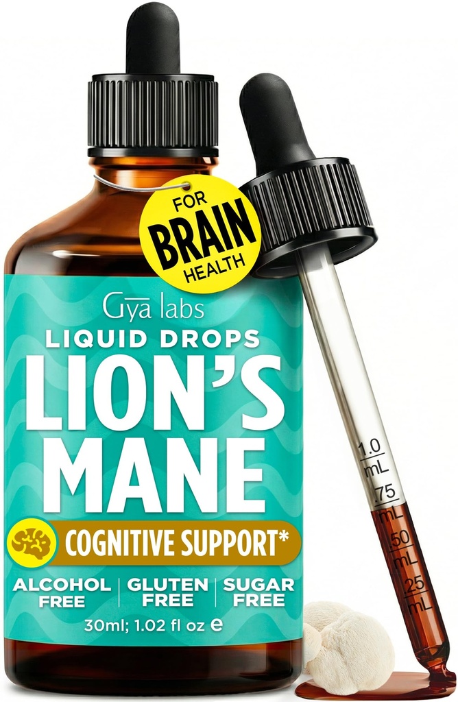 Gya Labs Lion's Mane Extract Liquid Drops - Mushroom Supplement for Memory and Cognitive Clarity - Enhances Cognitive Function and Sharpness - Non-GMO, Sugar & Alcohol Free - 1 fl oz