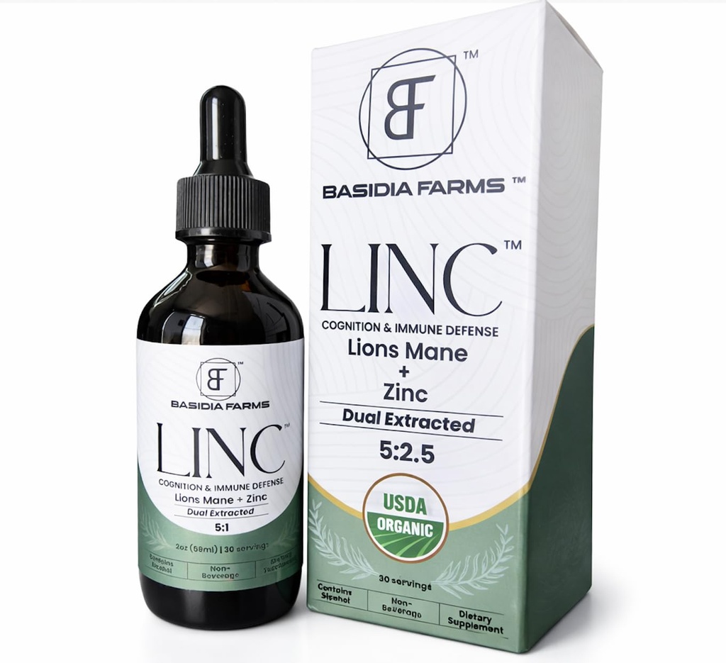 LINC - 2 in 1 USDA Organic Lions Mane Mushroom Extract Tincture with Zinc, 2oz Dual-Extracted Supplement for Mental Cognition, Immunity and Nervous System Support, 30 Day Supply
