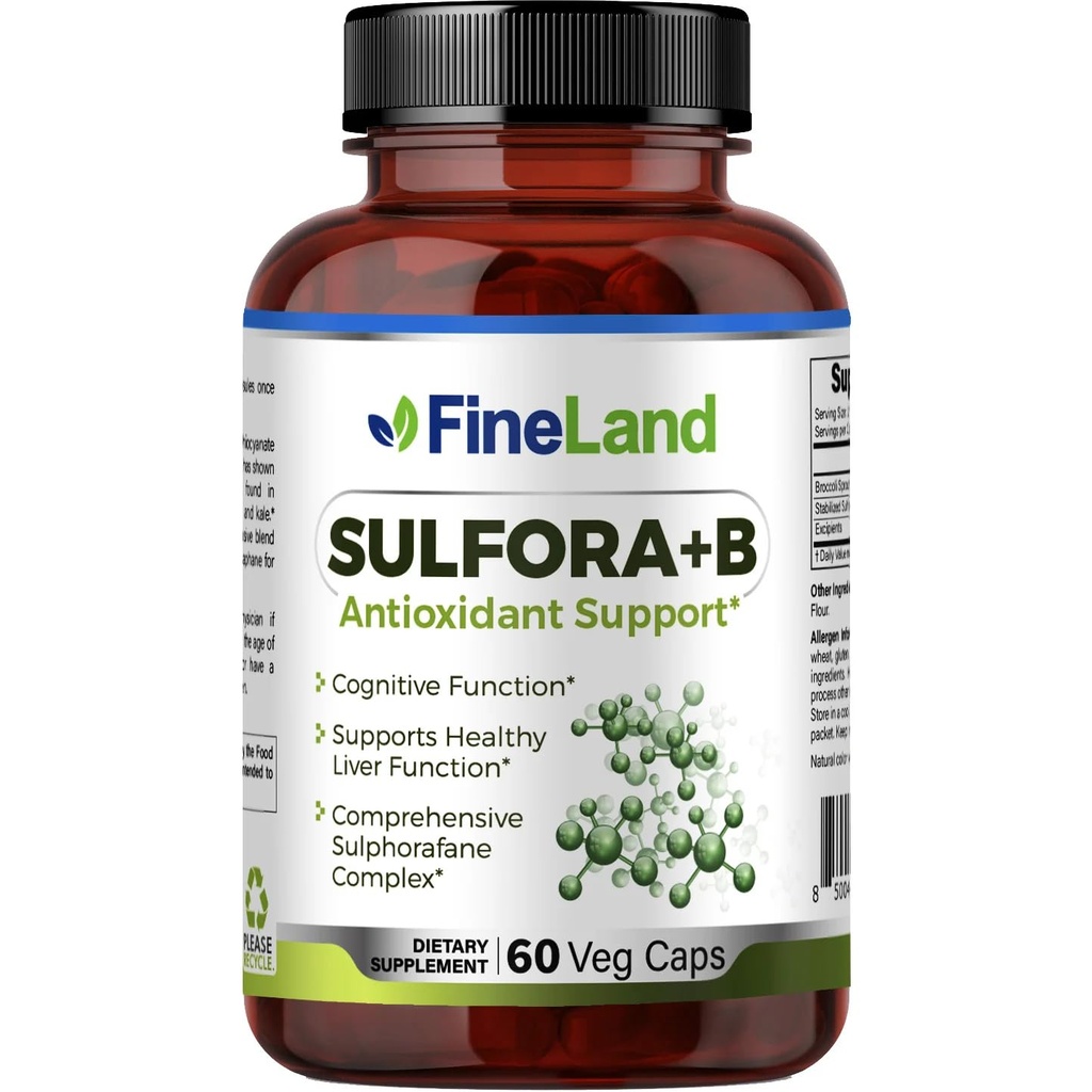 FineLand Sulfora+B Sulforaphane Supplement, 600mg Broccoli Sprout Powder with 12mg Stabilized Sulforaphane, Antioxidant and Cognitive Function Support, 60 Veggie Capsules