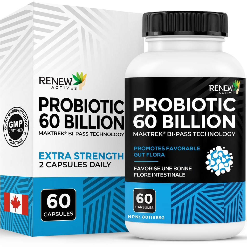 Renew Actives Probiotic Supplement for Digestive Health 60 Billion CFU per 2 Capsules - Advanced Formula with Prebiotic Benefits - Supports Gut Flora Balance & Wellness - Made in Canada - 60 Capsules