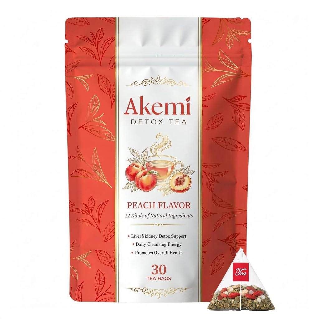 Akemi Detox Tea, Liver & kidney Detox Tea With Dandelion herbal Tea Goji Berries Ginseng Milk Thistle, Yerba Mate, Oolong, stevia leaf, Peach Flavor 30Bags