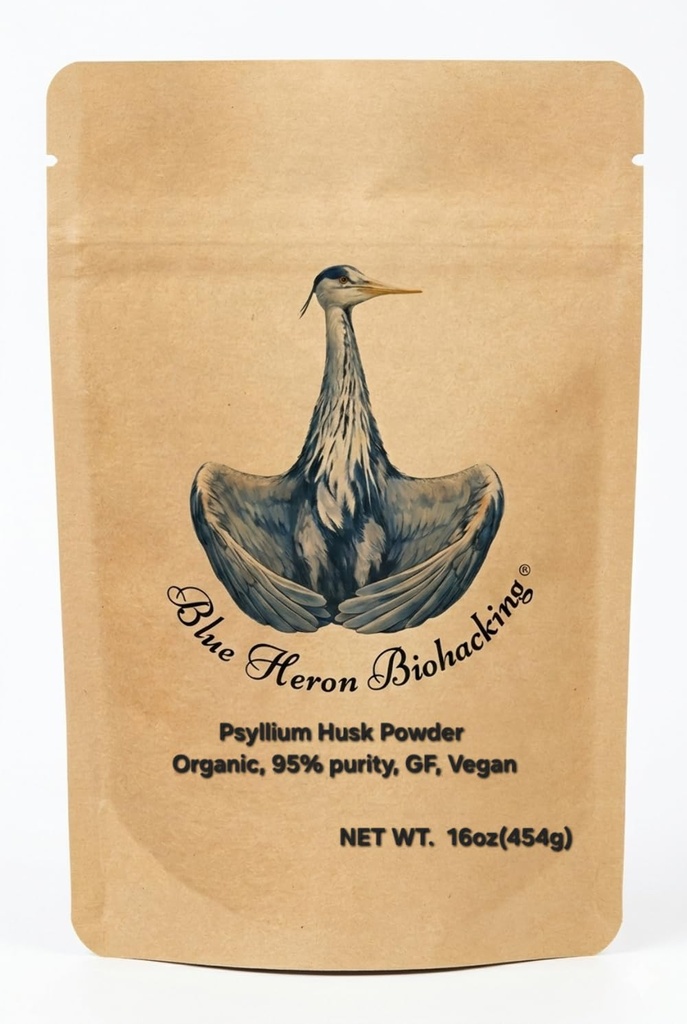 Blue Heron Biohacking® Psyllium Husk Powder, Organic, 95% Purity, Gluten Free, Vegan, 16oz