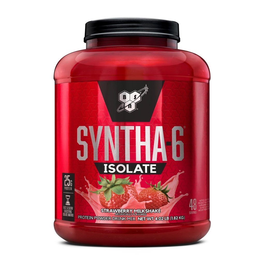 BSN SYNTHA-6 Isolate, Strawberry Post Workout Protein Powder for Muscle Gain, Whey Protein Isolate, Milk Protein Isolate, Essential Amino Acids, Strawberry Milkshake, 4.02 Pounds, 48 Servings