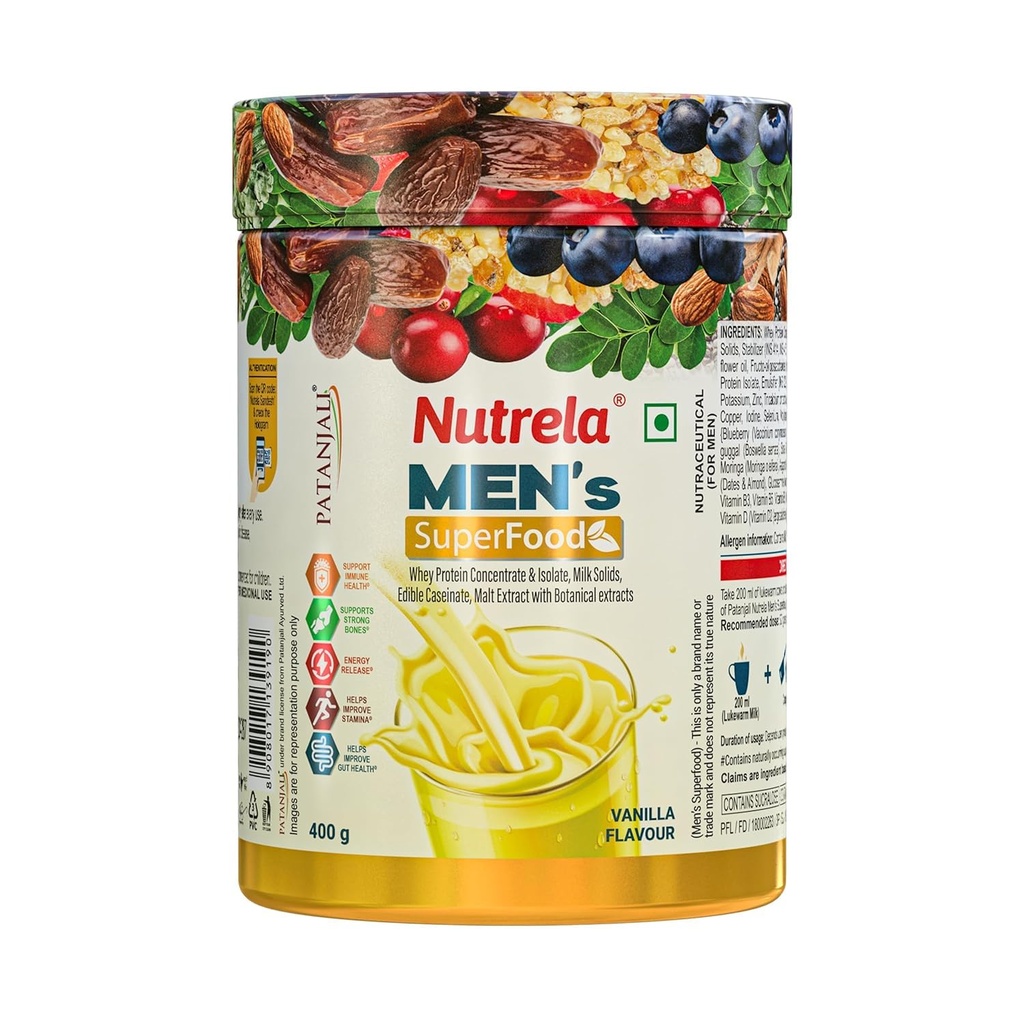 Nutrela Men's Superfood Whey Protein Powder, Vanilla Flavor, 400g, with Ashwagandha, Vitamin D, Calcium, B-Vitamins, Zinc, Vitamin C, Digestive Enzymes, Shatavari, Safed Musli, Gokshura, Brahmi