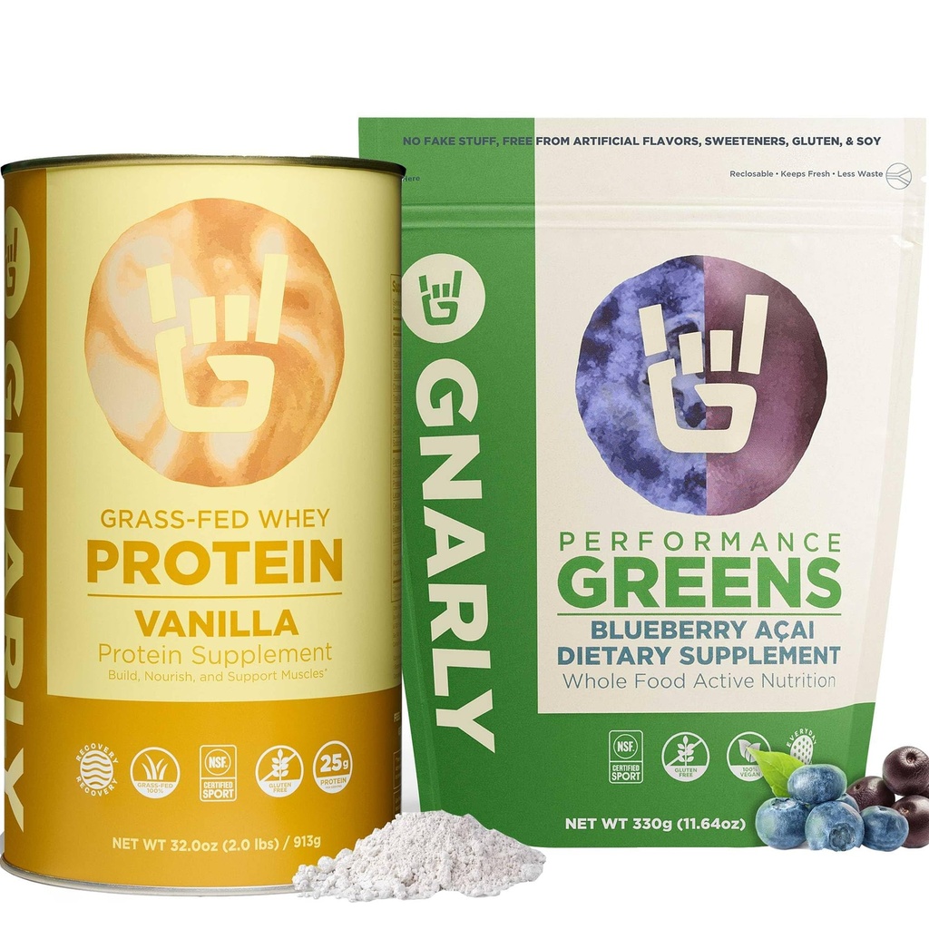 Gnarly Nutrition Performance Greens Blueberry Açai, (11.64 oz) and Gnarly Whey Grass-Fed Protein Supplement, Vanilla (32.0oz)