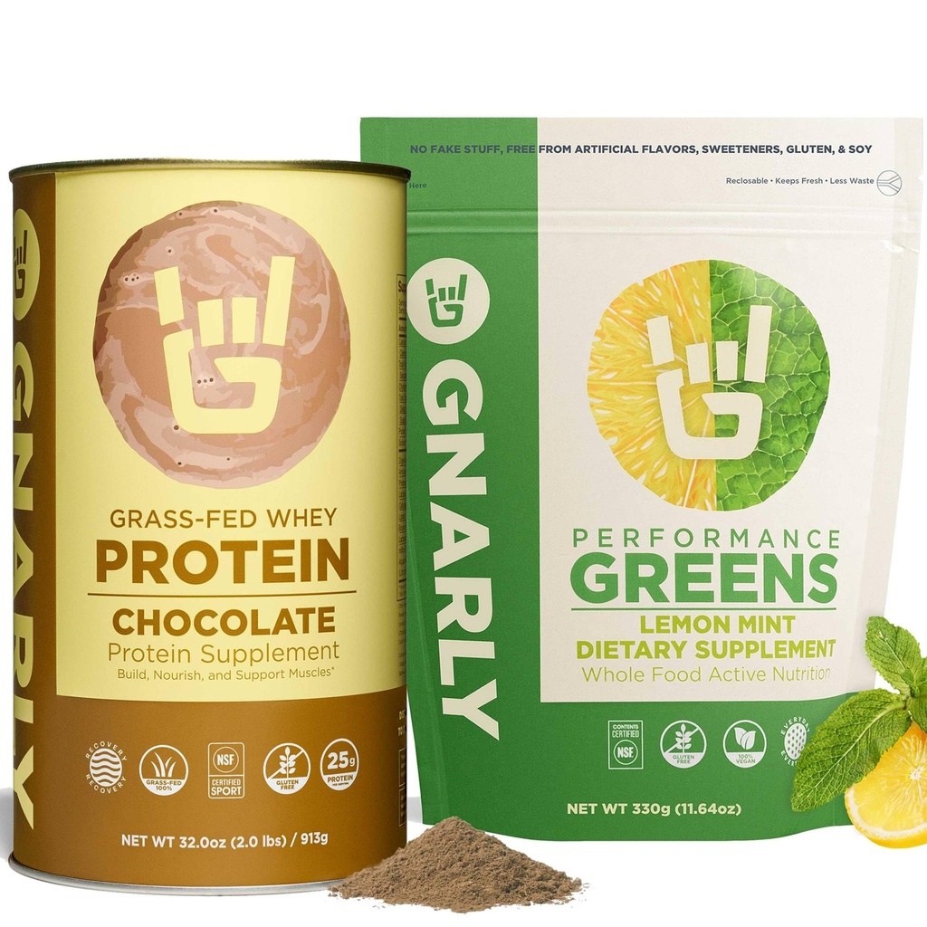 Gnarly Nutrition Performance Greens Lemon Mint (11.64 oz) and Gnarly Whey Grass-Fed Protein Supplement, Chocolate (32.0oz)
