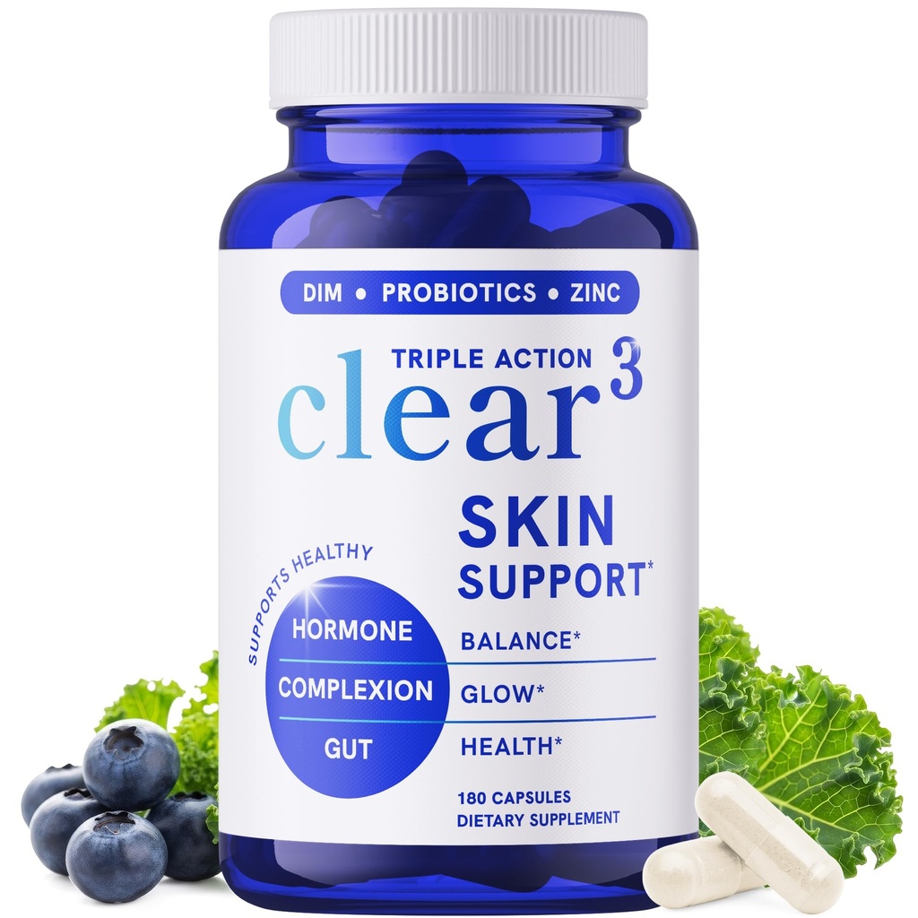 Clear Skin Supplement with Zinc, DIM & Probiotics | 3-in-1 Hormone, Gut & Complexion Support | Triple Action Hyaluronic Acid, Niaciminide & Vitamins for Skin Balance, Glow & Health Support | 180 Ct