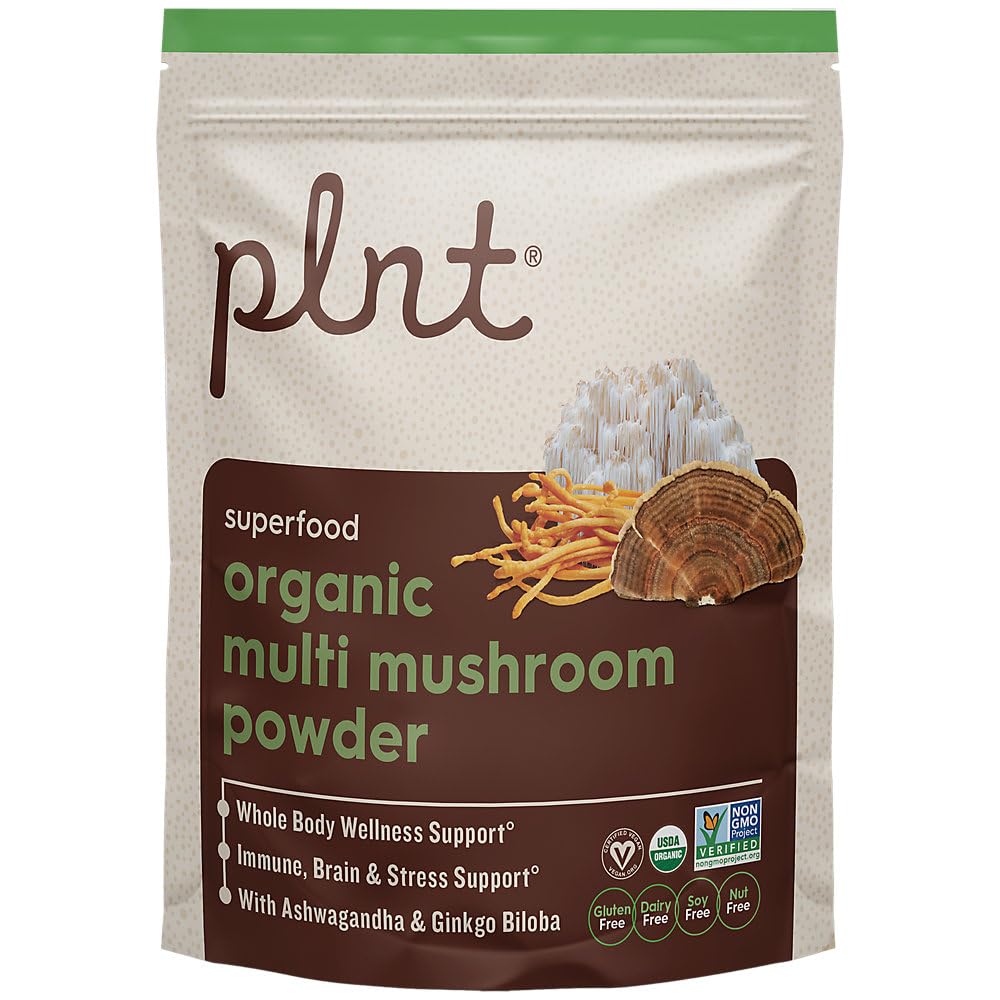 Organic Multi-Mushroom Powder with Ashwagandha and Ginkgo Biloba a" Immune, Brain, & Stress Support (30 Servings)