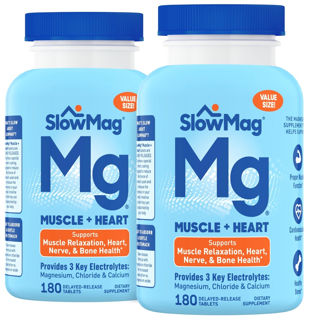 SlowMag Muscle & Heart Magnesium Chloride Supplement with Calcium, 180 Count, Supports Muscle Relaxation, Heart, Nerve & Bone Health, High Absorption (Pack of 2)