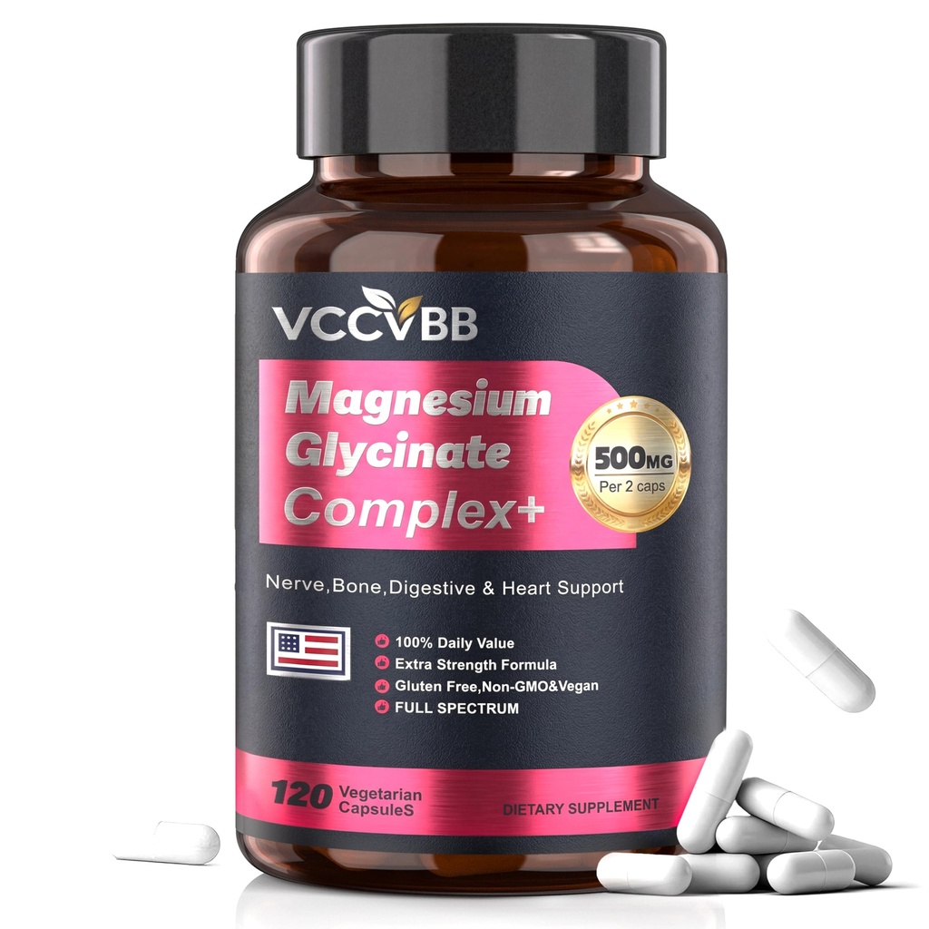 Magnesium Glycinate 500mg | 12-in-1 High Absorption Magnesium Complex, Citrate, Malate & Taurate | Relieve Cramps, Stress, Better Sleep | Heart, Bone & Nerve Health | 120 Vegan Capsules