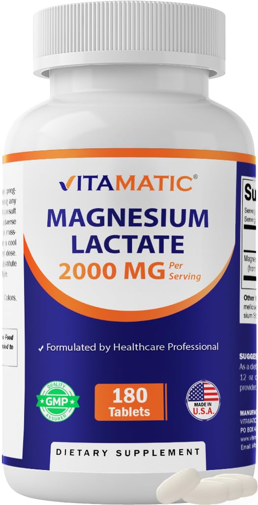 Vitamatic Magnesium Lactate 2000mg per Serving – 180 Tablets – Supports Muscle, Heart, Bone & Nervous System Health* – Non-GMO, Gluten Free, No Artificial Additives