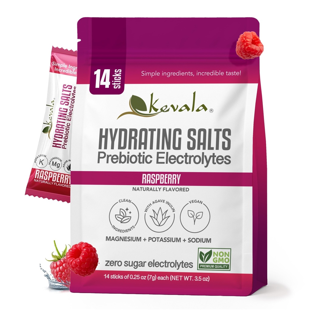 Kevala Electrolytes Raspberry Powder Packets | Sugar Free Drink Mix Packets with Prebiotics, Potassium & Salt Electrolytes | Keto Hydration Packets | Rehydration Support | 1 Pack (14 Sticks)