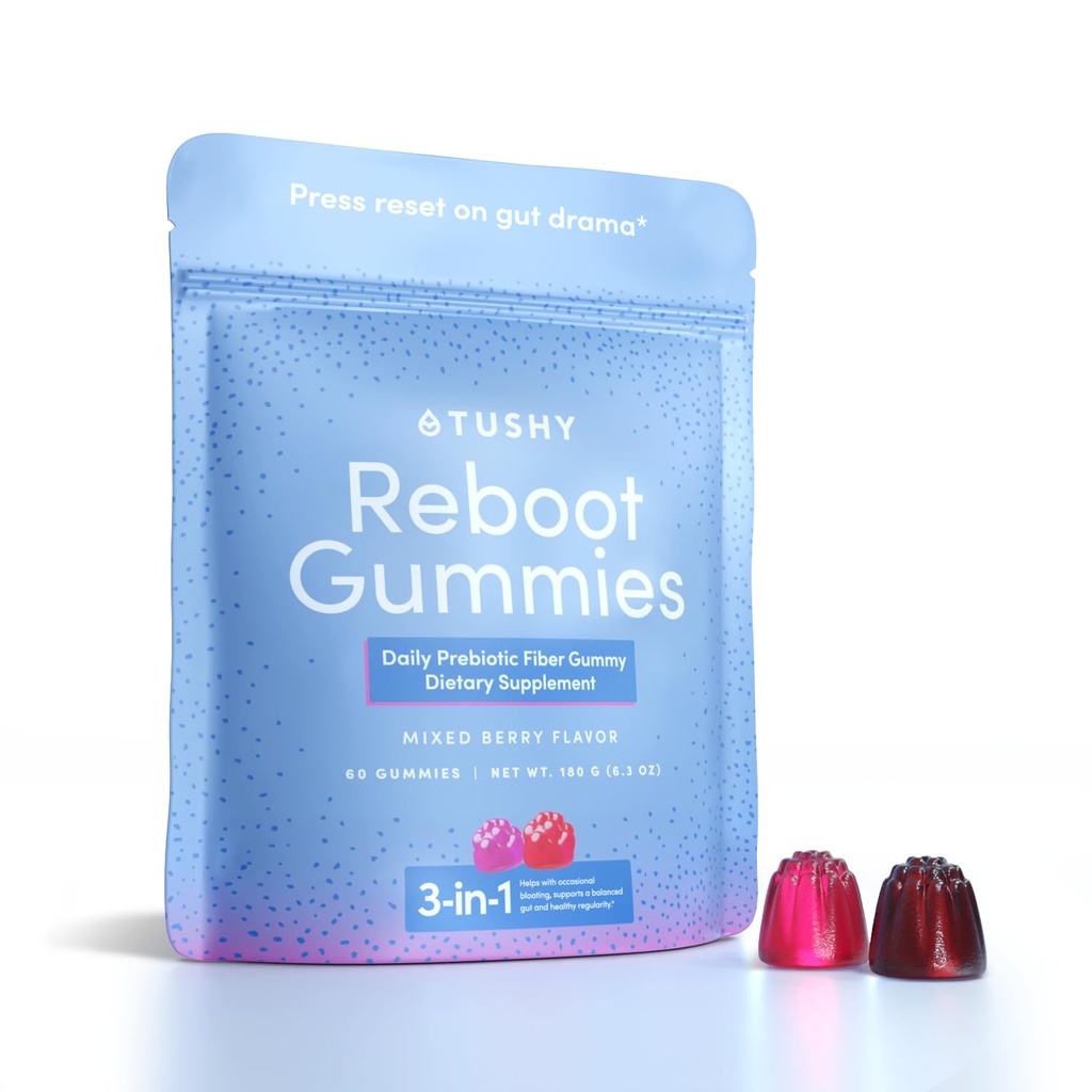 TUSHY Reboot Vegan Fiber Gummies - Once Daily Gut Reset for Bloating, Regularity & Digestive Health. 4 Grams of Prebiotic Fiber in a Delicious Mixed Berry Flavor, 60 Count (30-Day Supply)