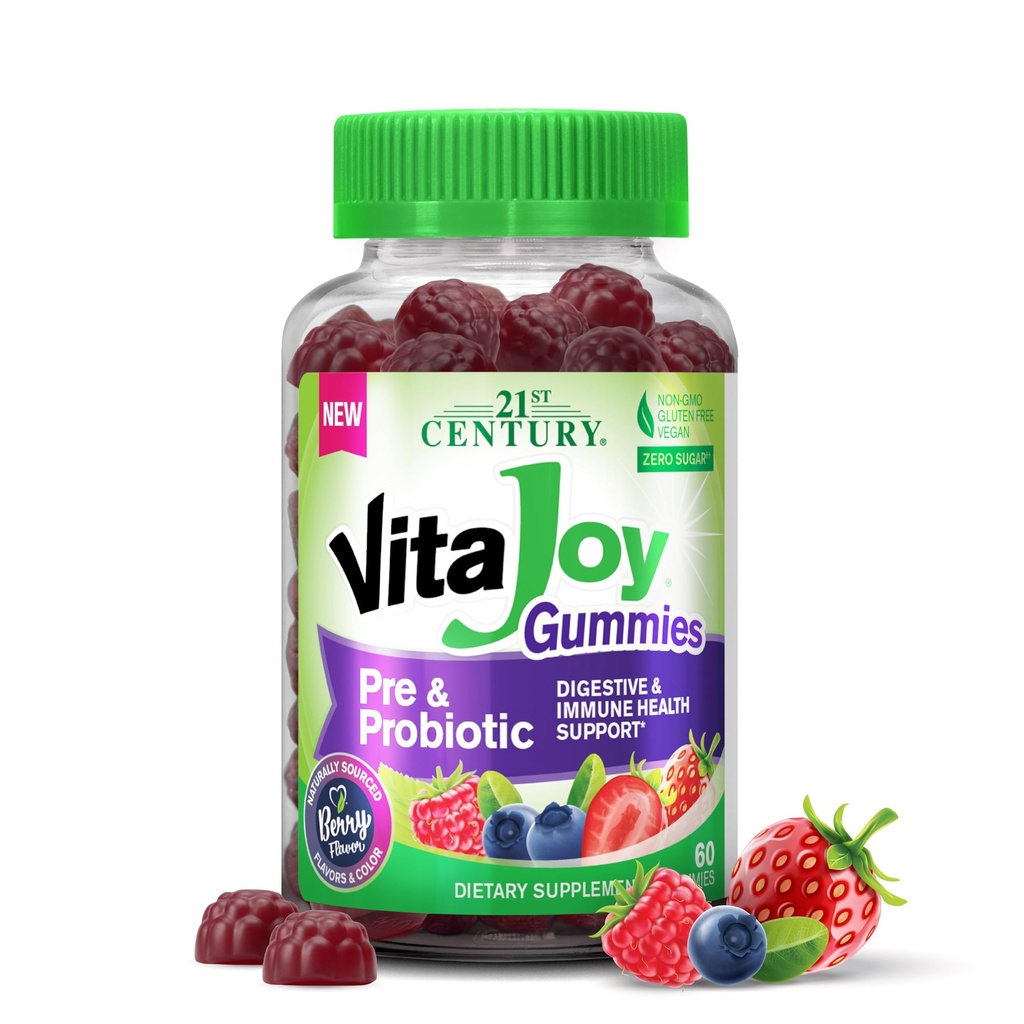 VitaJoy 21st Century Probiotic Gummies for Women & Men – Digestive & Gut Health Support, 1 Billion CFUs with Prebiotic, Berry Flavored, Vegan & Non-GMO, 60-Day Supply