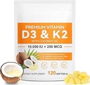 120 Softgels Vitamine D3 K2 10000IE 200MCG - Kokosolie - Ondersteuning Immune, Hart Gezondheid - Onderhoudt Cardiovasculaire Gezondheid - Superieure Absorptie- Makkelijk doorslikken