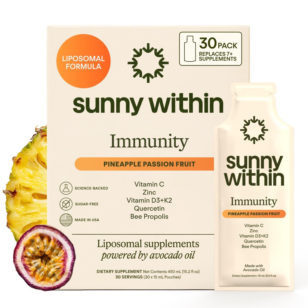 Immunity - 6-in-1 Liposomal Vitamin C Packets, Zinc, D3 + K2, Quercetin, Bee Propolis & Avocado Oil - Antioxidant Liquid Supplement for Immunity, Skin & Bone* - 30 Pouches