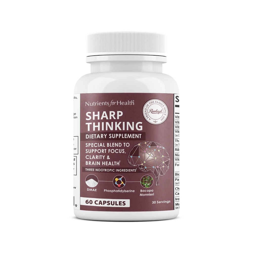 Rawleigh Sharp Thinking: 60 Capsules, Focus, Helderheid, Geheugen Ondersteuning, 3 Nootropics, DMAE Bitrate, Bacopa Monnieri, Fosfatidylserine, DHA & Vitaminen A, C, D, E, B-complex
