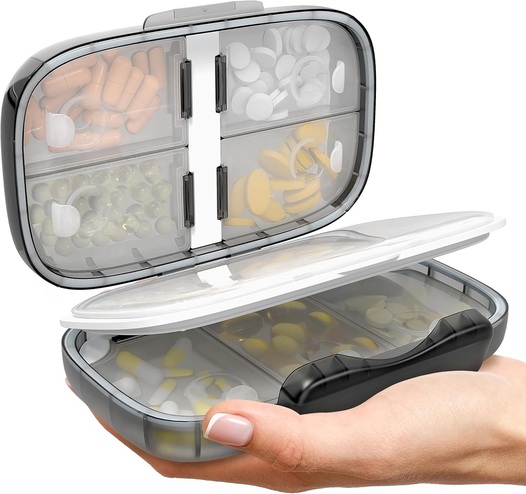Travel Pill Organizer - Airtight Medicine Case for Traveling Portable Pharmacy Box with Labels Vitamin Container 8 Compartment Supplement Medication Holder Large Capacity Daily (Black-2)
