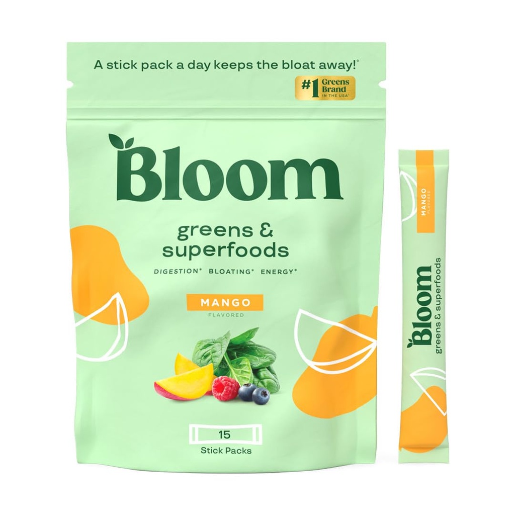 Bloom Nutrition Superfood Greens Powder Stick Packs, Digestive Enzymes with Probiotics and Prebiotics, Gut Health, Bloating Relief for Women, Chlorella, Green Juice Mix, 15 SVG, Mango