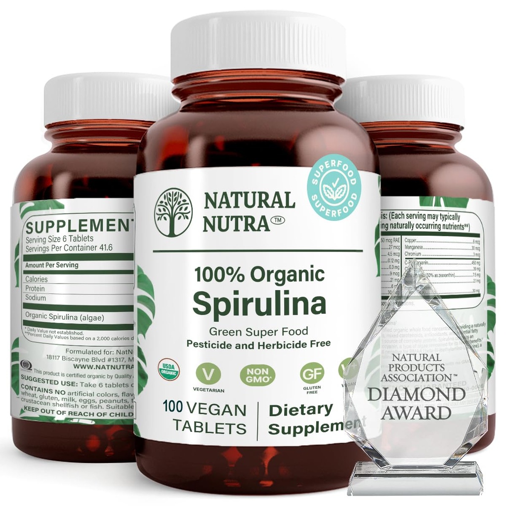 Natuurlijke Nutra 100% USDA Organische Spirulina Tabletten, helpt handhaven Lichaamsvet, bevordert de gezondheid van de lever, bevordert het immuunsysteem, helpt verbeteren van de stofwisseling, bevordert immuniteit, 300 mg, 100 Vegan tabletten