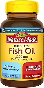Nature Made Burp-Less Fish Oil 1200 mg, 60 Softgels, Fish Oil Omega 3 Supplement voor de gezondheid van het hart (verpakking van 3)