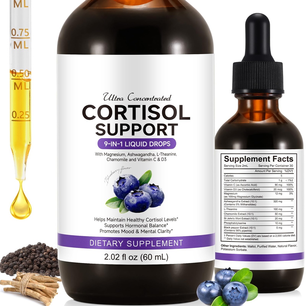 Cortisol Supplements for Women & Men, Cortisol Reducer, Support Hormone Balance, Mood, Focus & Sleep, 10 in 1 Cortisol Drops with Magnesium, Ashwagandha, L-theanine, Blueberry Flavor (1)