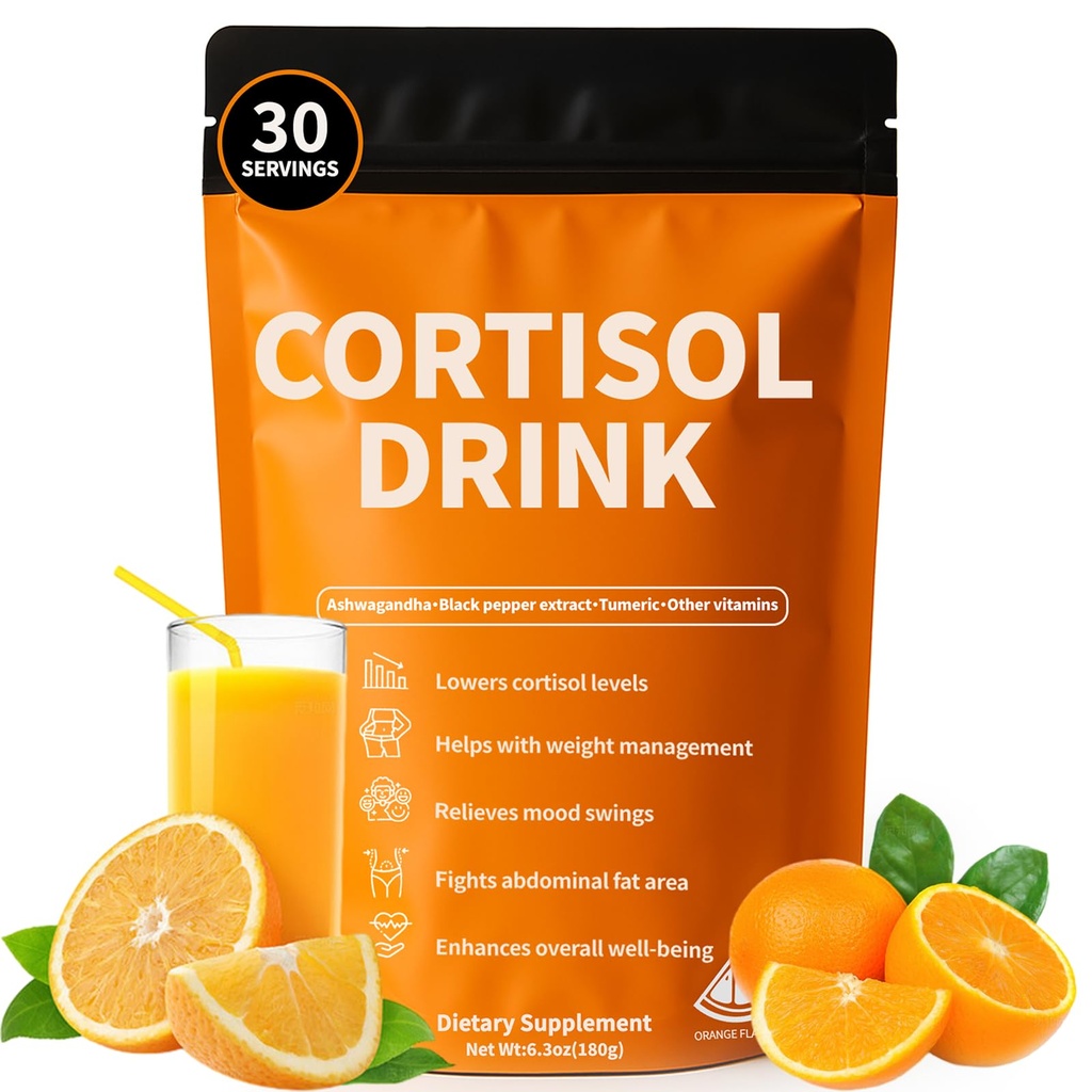 Cortisol Drink Powder - Natural Cortisol Supplements for Ashwagandha, L-Theanine, Turmeric Root, Black Pepper Extract, Relaxation, Focus, Mental Clarity